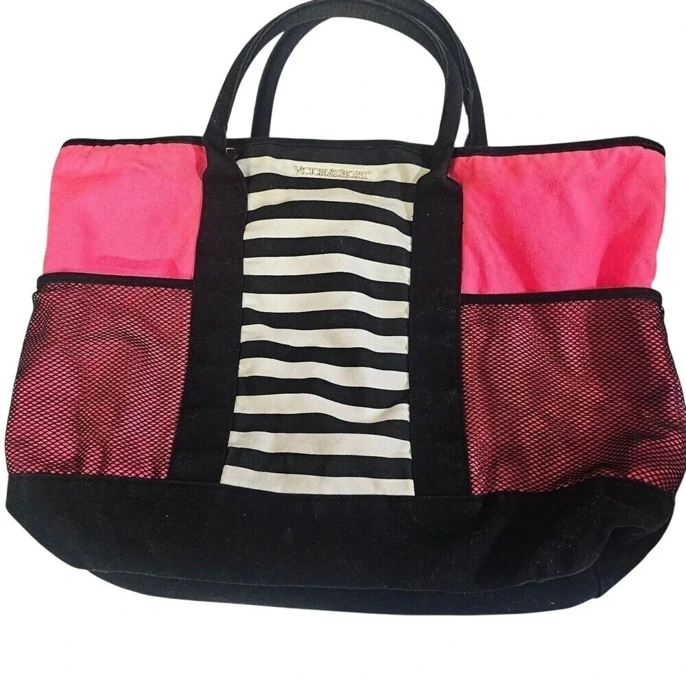 Victoria's Secret Beach Tote Bag with Mesh Pockets‎ Pink Black Striped SummerEUC
